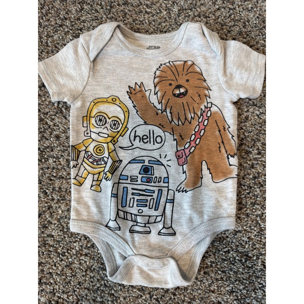 Star Wars Baby Bodysuit Gray R2D2 C3PO Chewbacca Short Sleeve 6-9 Months